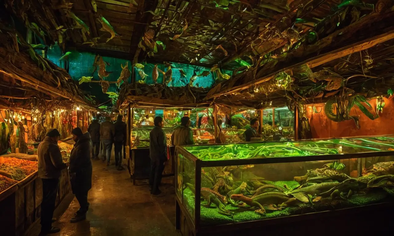 Mercado oscuro y tenso de reptiles exóticos