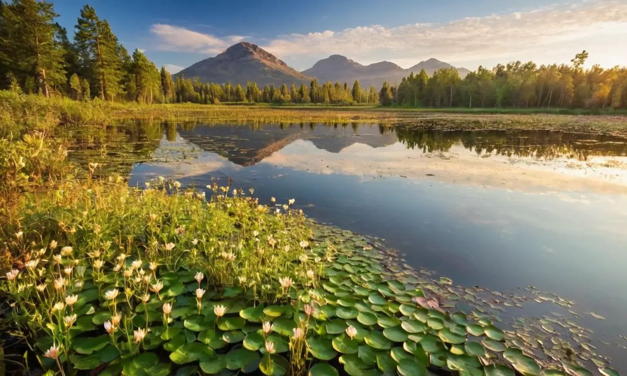 Paisaje sereno con agua y vegetación vibrante