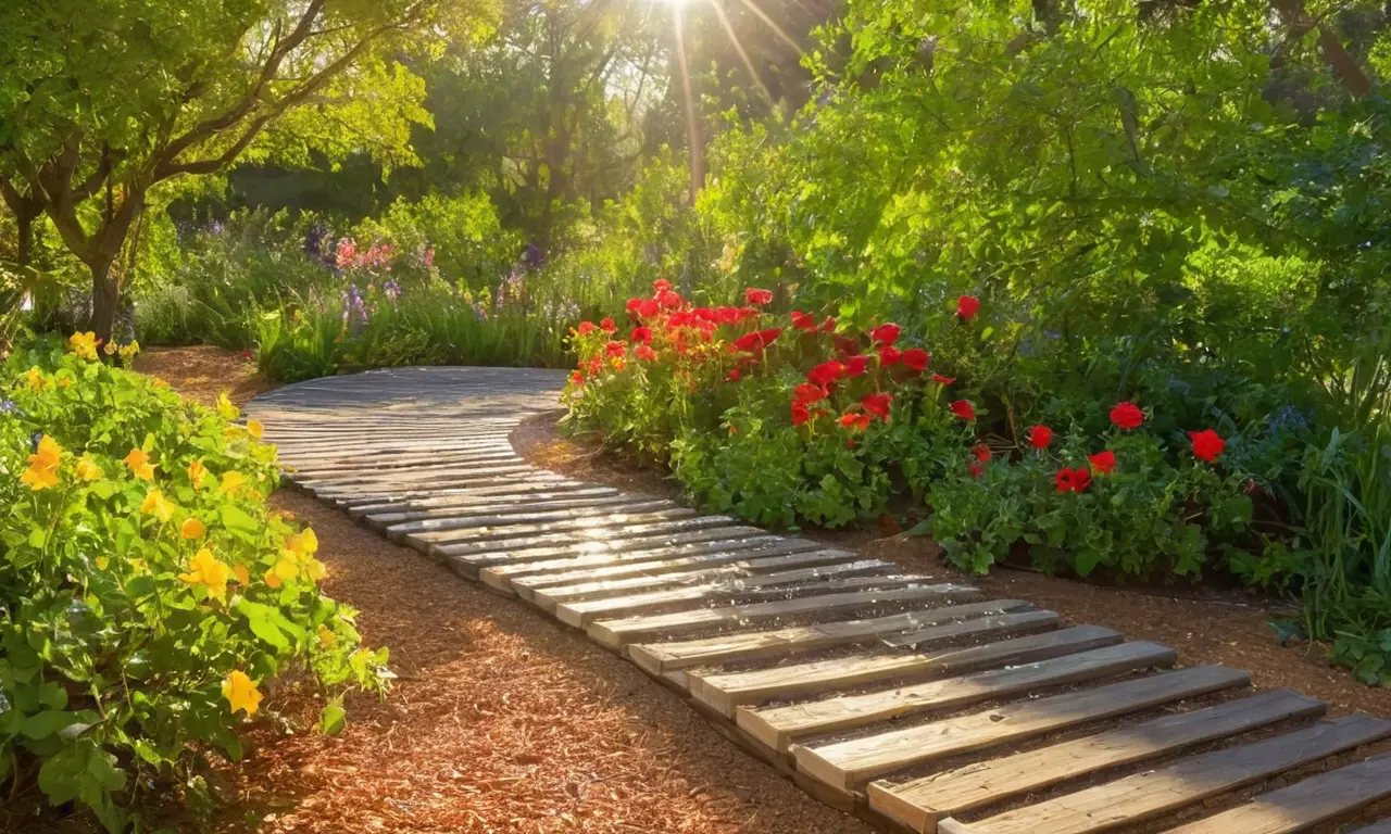 Jardín soleado con plantas y flores vibrantes