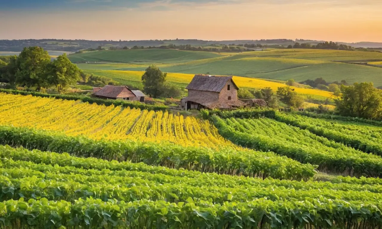 Campos verdes con cosechas y naturaleza armoniosa