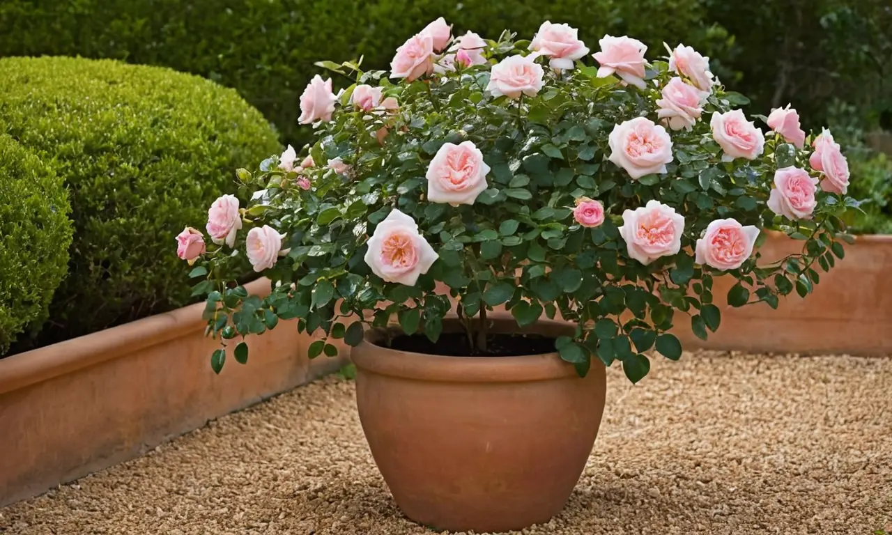 Rosa trepadora vibrante en maceta terracota