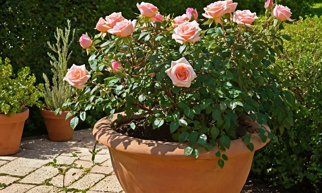 Maceta terracota con rosa trepadora en flor