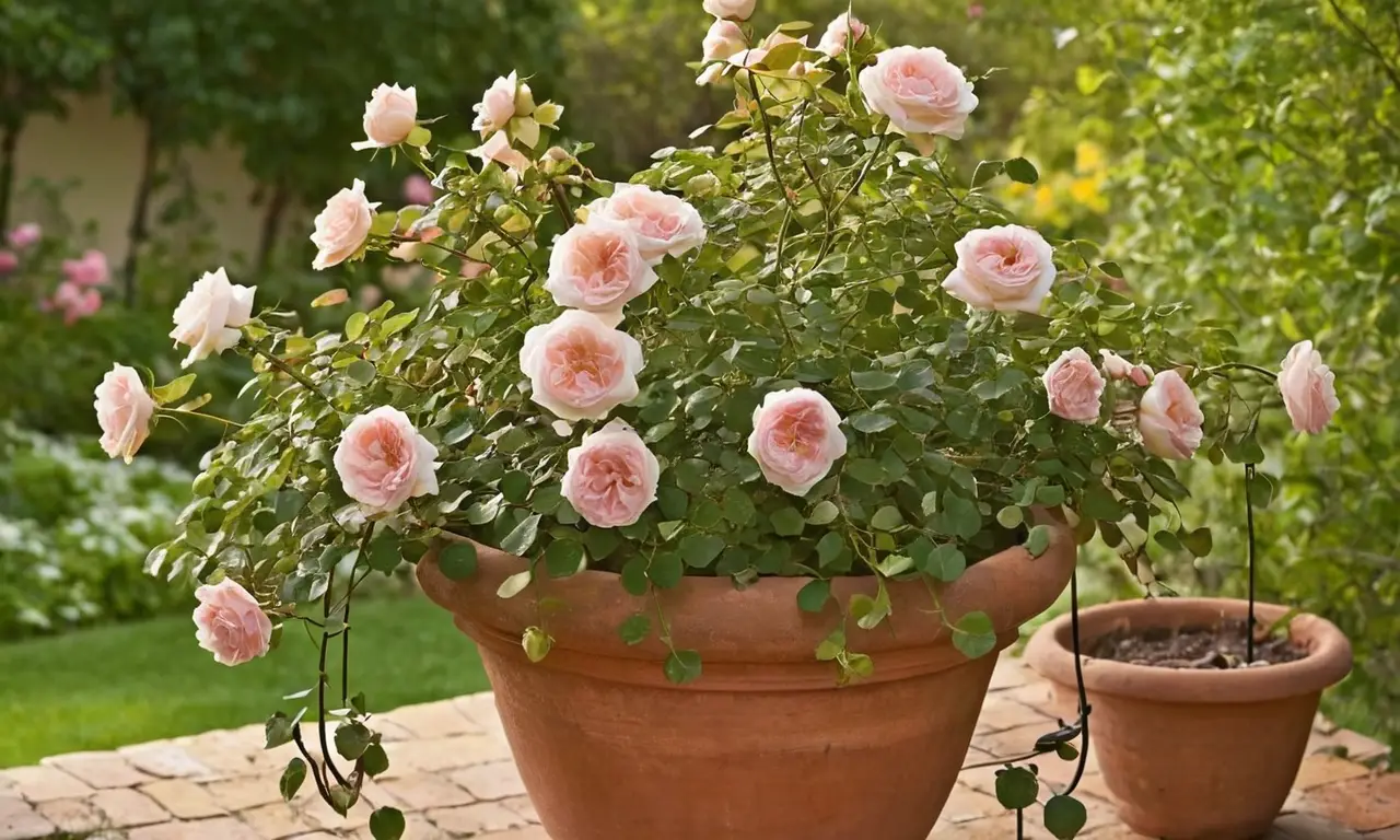 Rosas trepadoras florecen en luz cálida