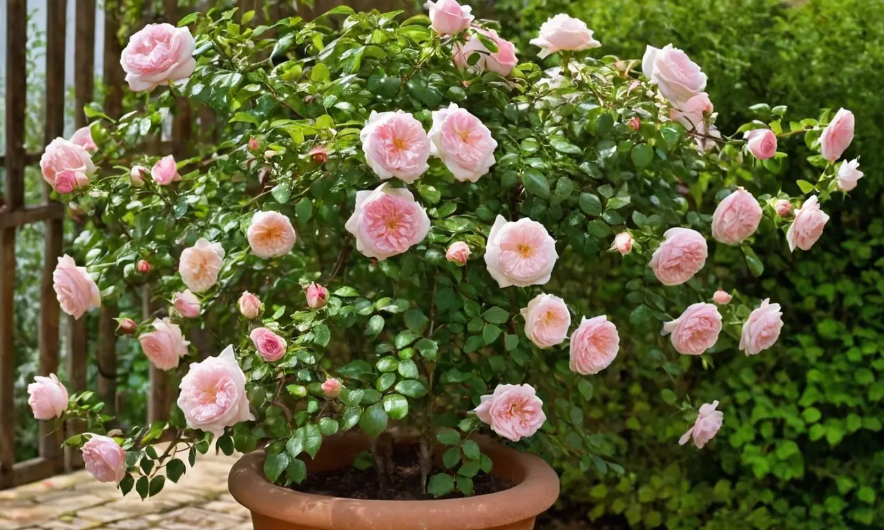 Rosa trepadora en maceta con flores