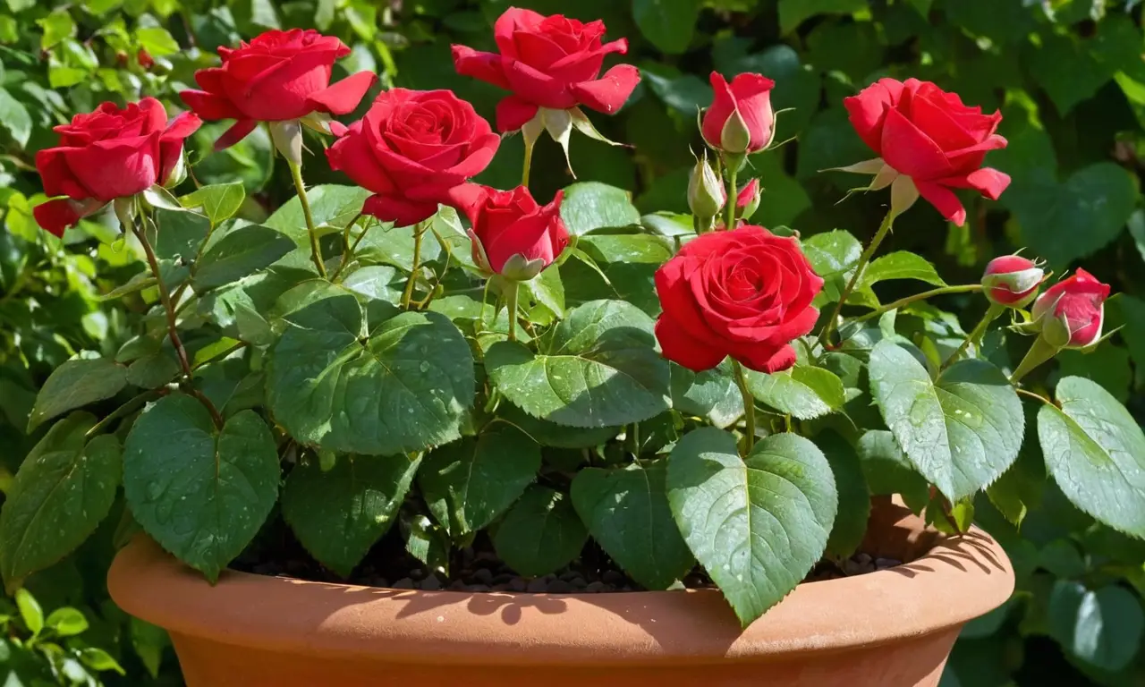 Rosas rojas vibrantes en macetas terracota