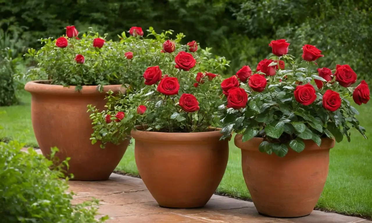 Rosas rojas vibrantes en macetas terracota