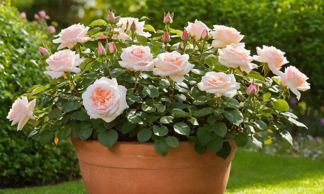 Rosa vibrante en maceta con hojas verdes