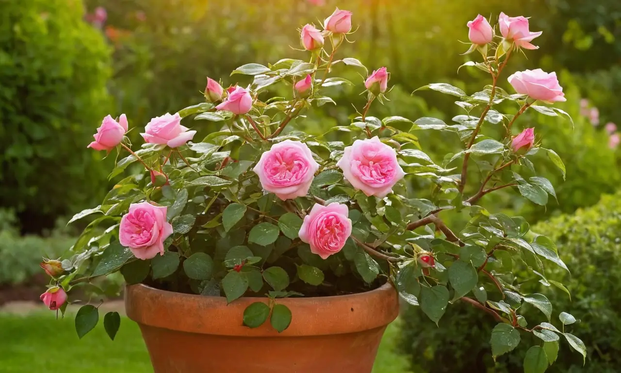 Rosa vibrante en jardín cuidado y hermoso