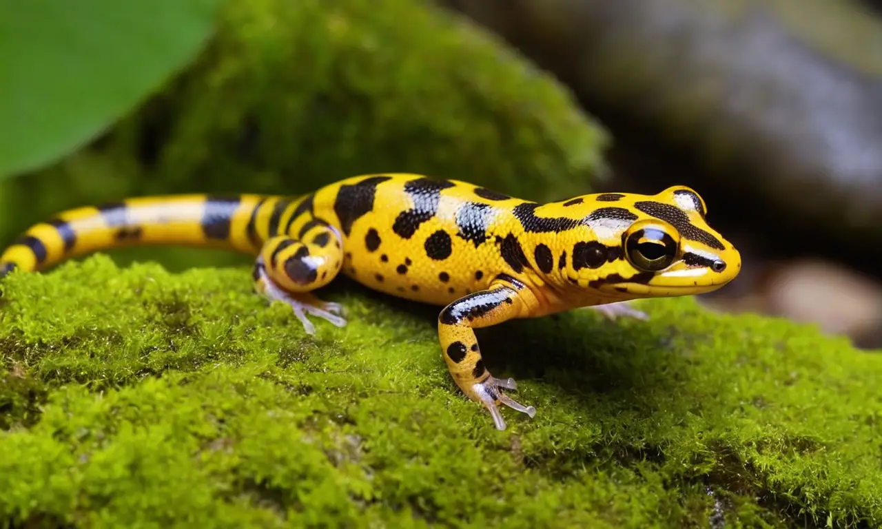 Salamandra vibrante sobre roca cubierta de musgo