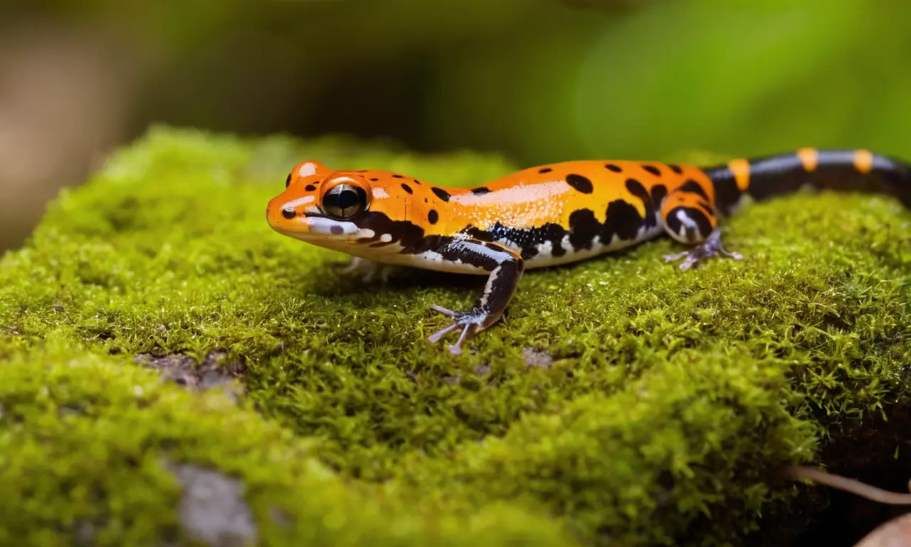 Salamandra venenosa en roca cubierta de musgo