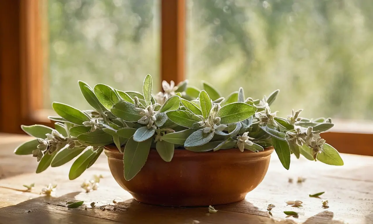 Hojas de salvia frescas en cocina iluminada