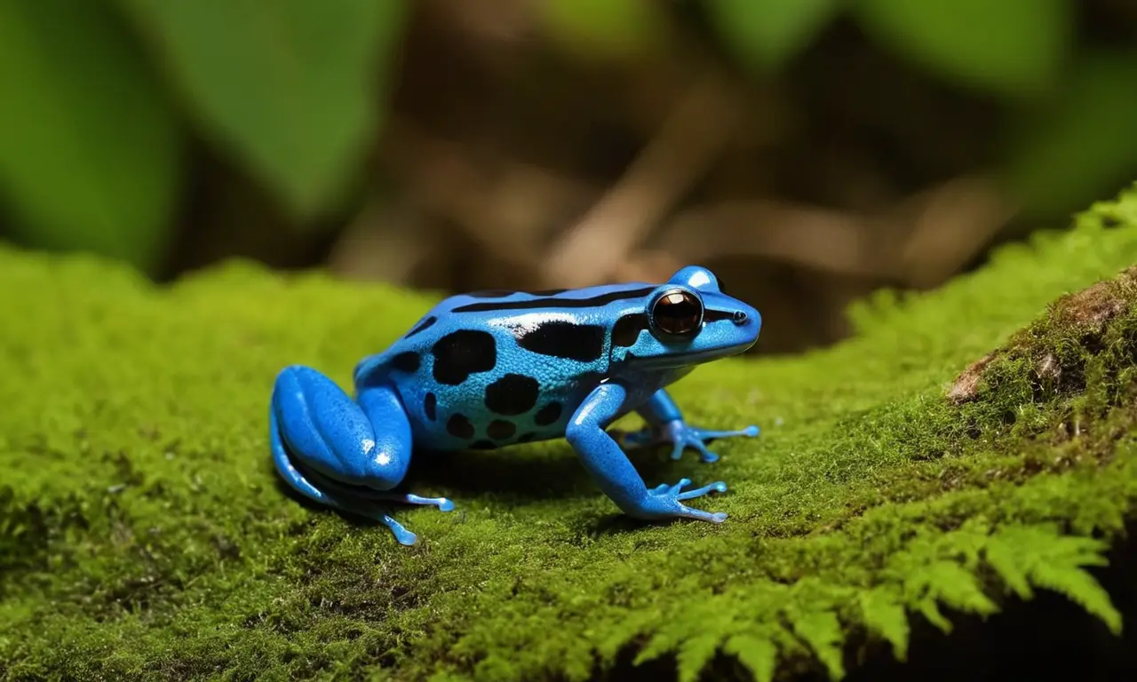 Rana azul resplandece en un vibrante bosque