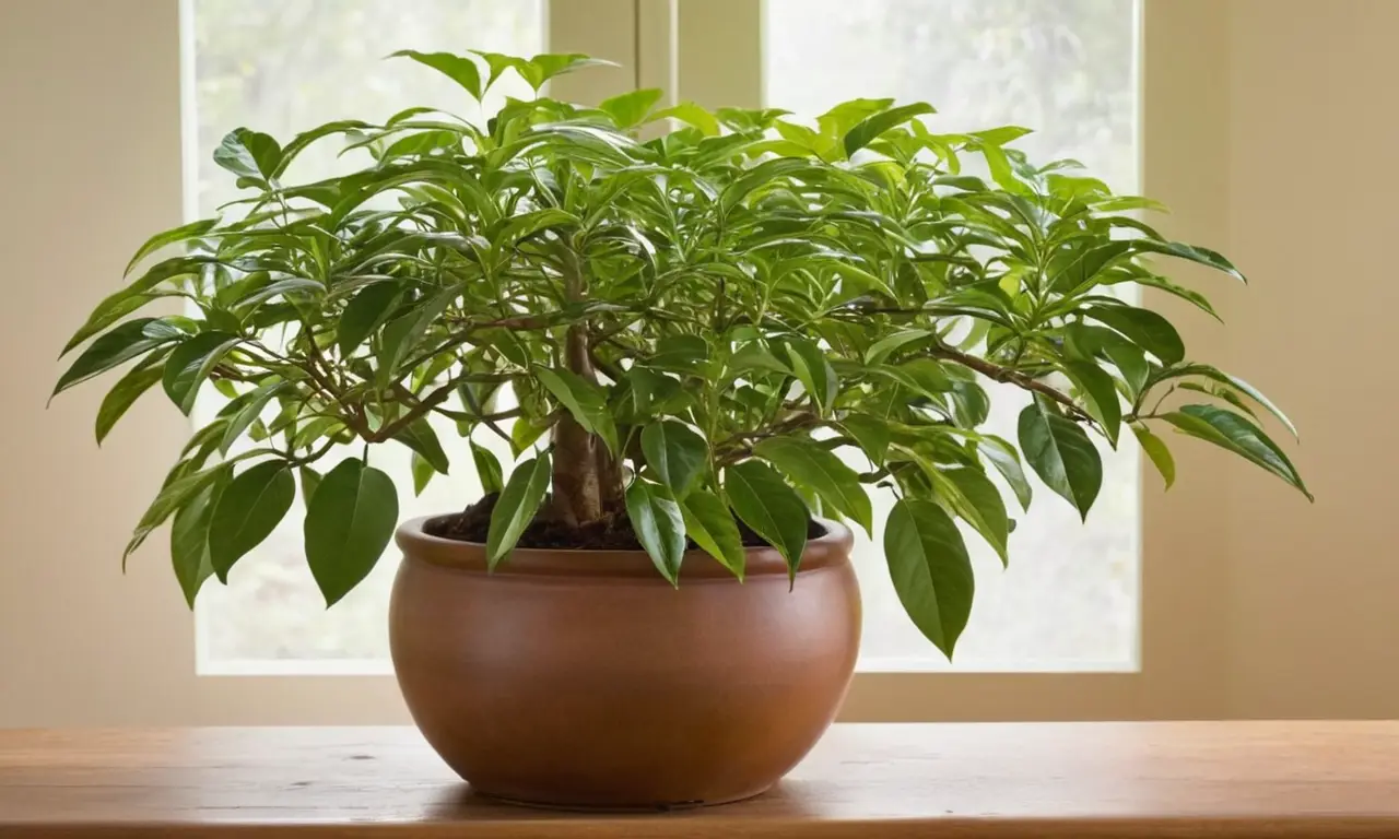 Planta Schefflera vibrante en cálido entorno hogareño