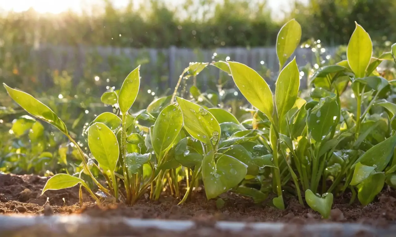 Jardín soleado con plantas vibrantes y agua