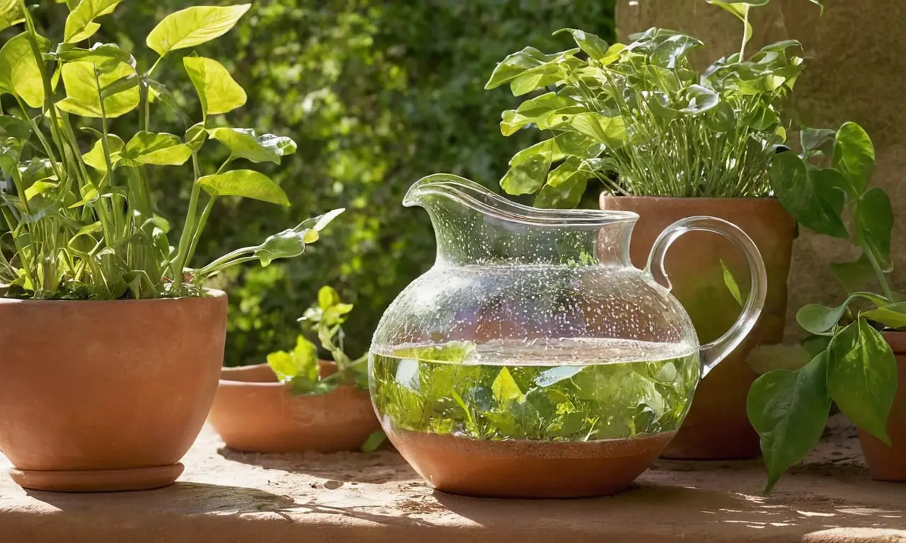 Jardín soleado con plantas vibrantes y agua