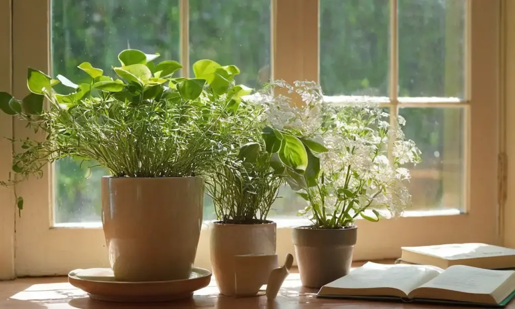 Cocina soleada con plantas y notas de jardín