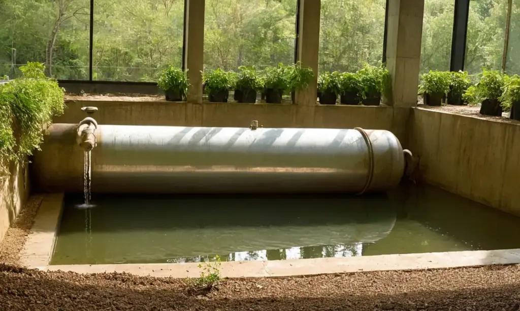 Tanque de sedimentación diseñado con detalles industriales