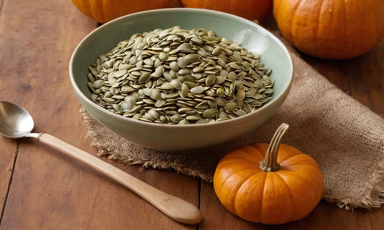 Mesa rústica con semillas de calabaza y luz