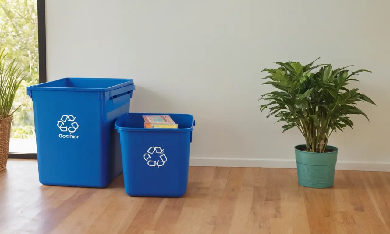 Contenedor reciclable azul con ilustraciones coloridas