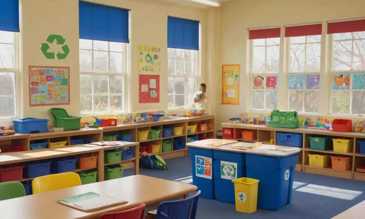 Aula colorida con niños reciclando y aprendiendo