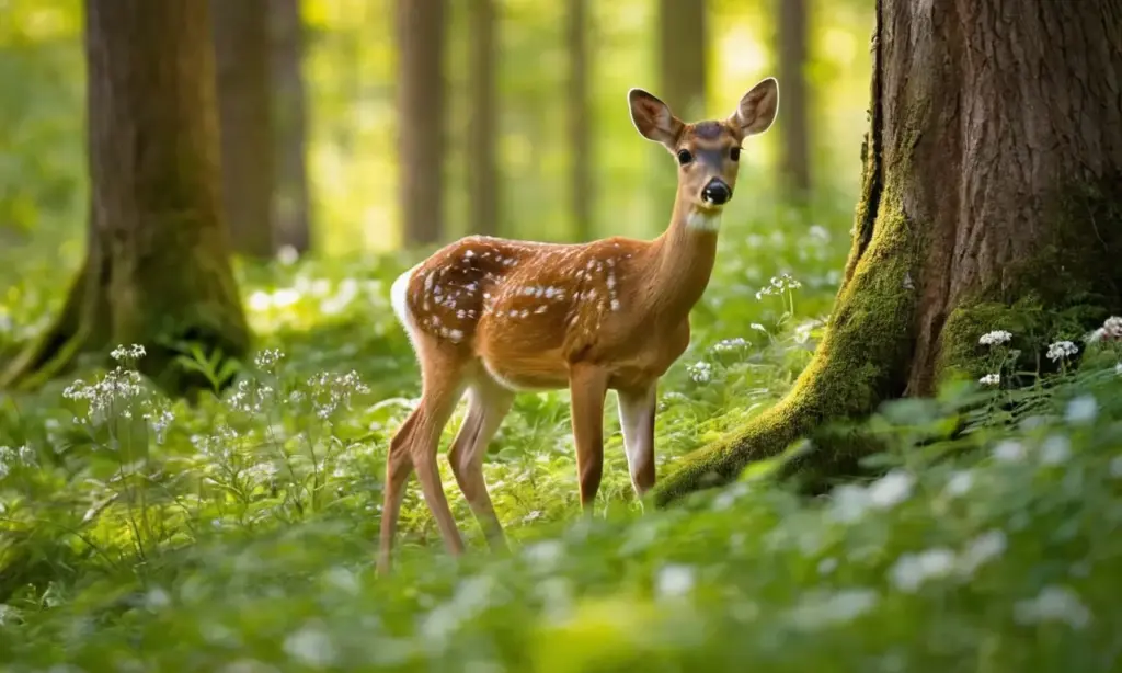 Bosque vibrante con deer y flora detallada
