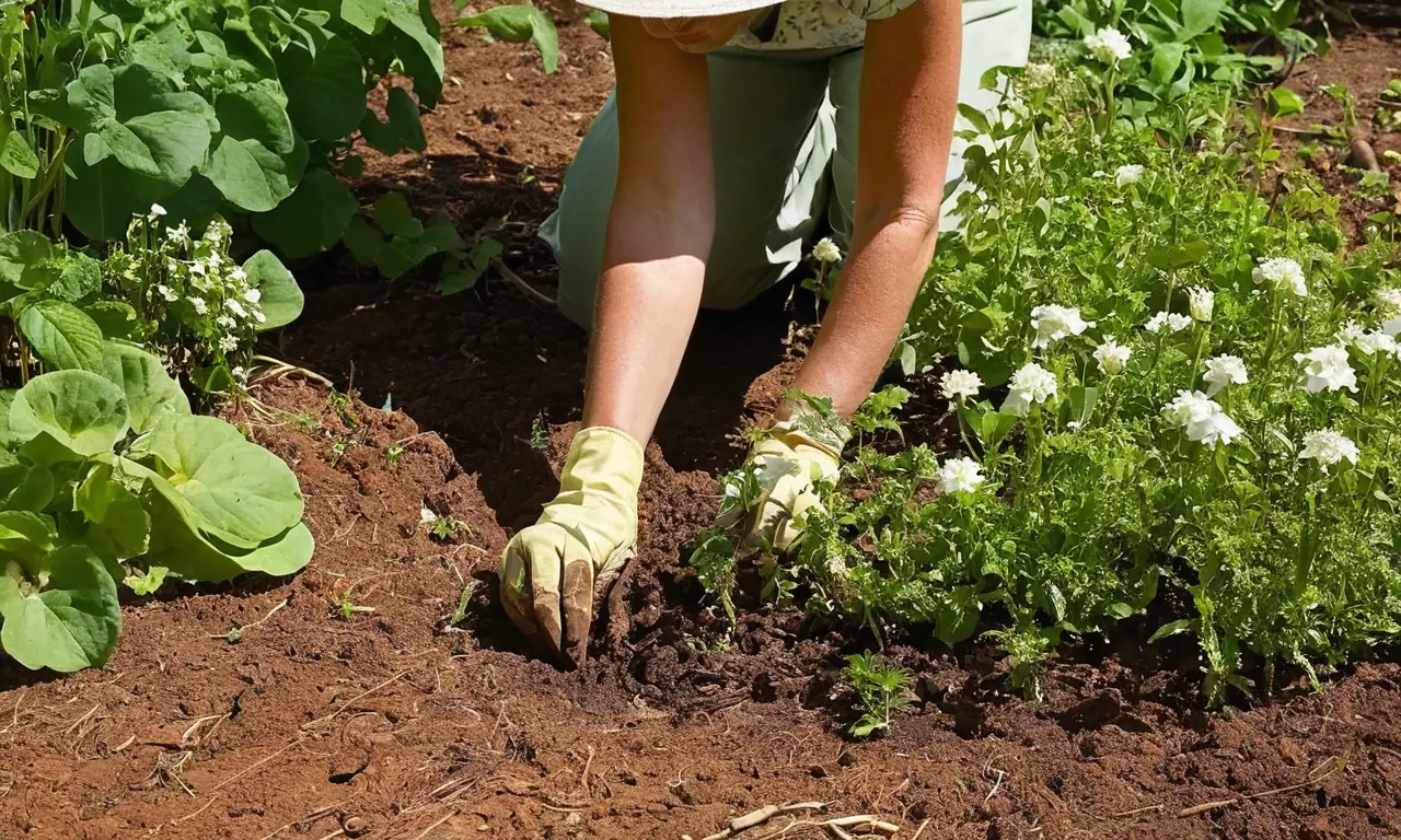 Jardín soleado con plantas y gardenero trabajando