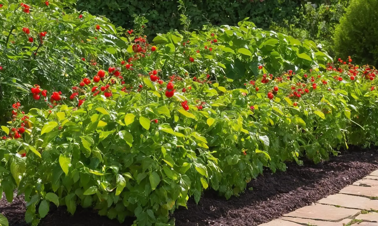Jardín vibrante con tomates y vegetación cuidada