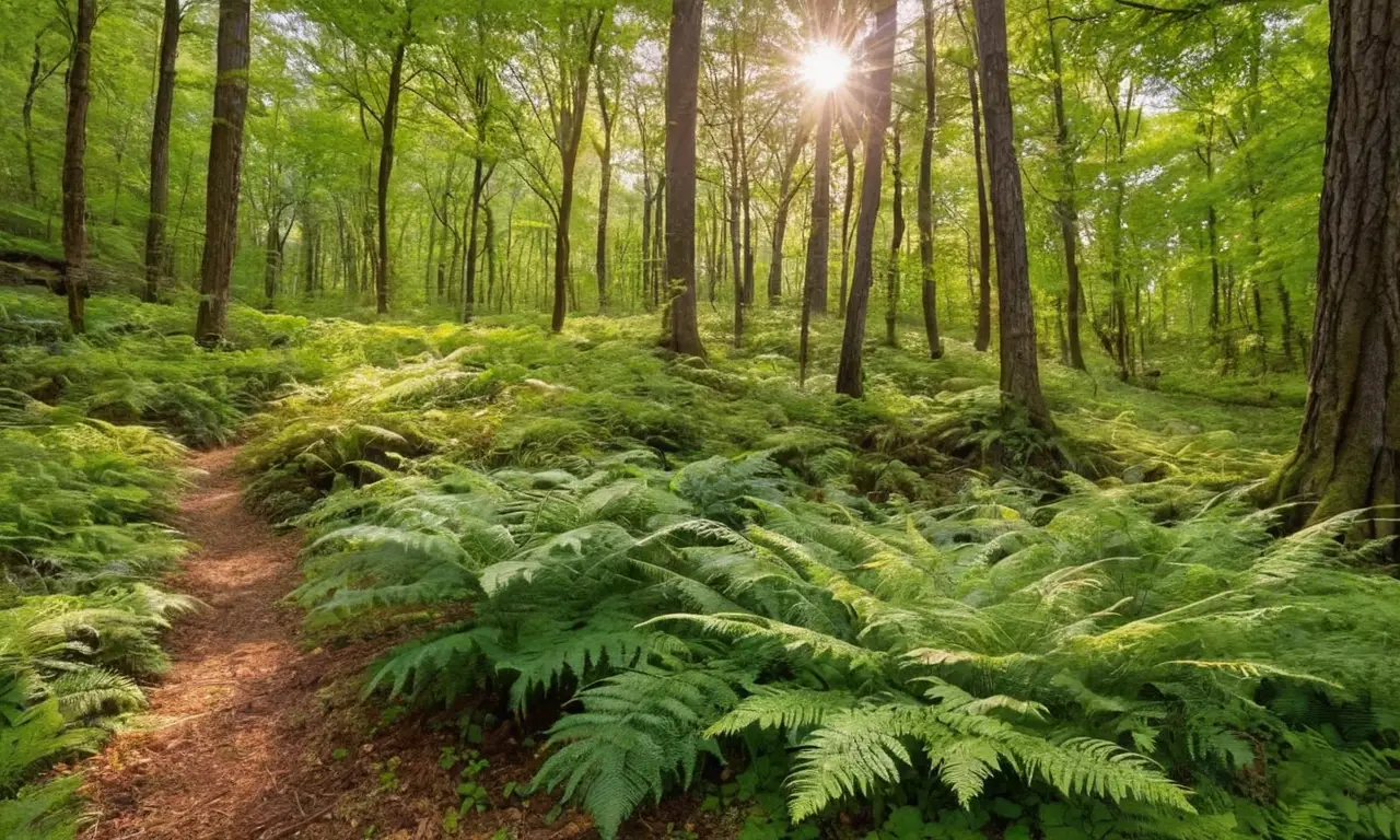 Bosque verde con luz, flores y tranquilidad