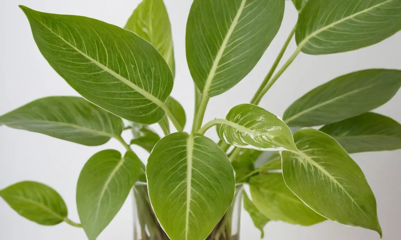 Una planta Singonium brilla en un jarrón