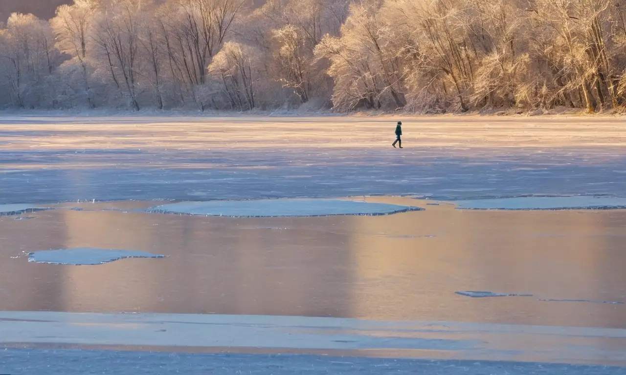 Lago helado brillante con patinador solitario