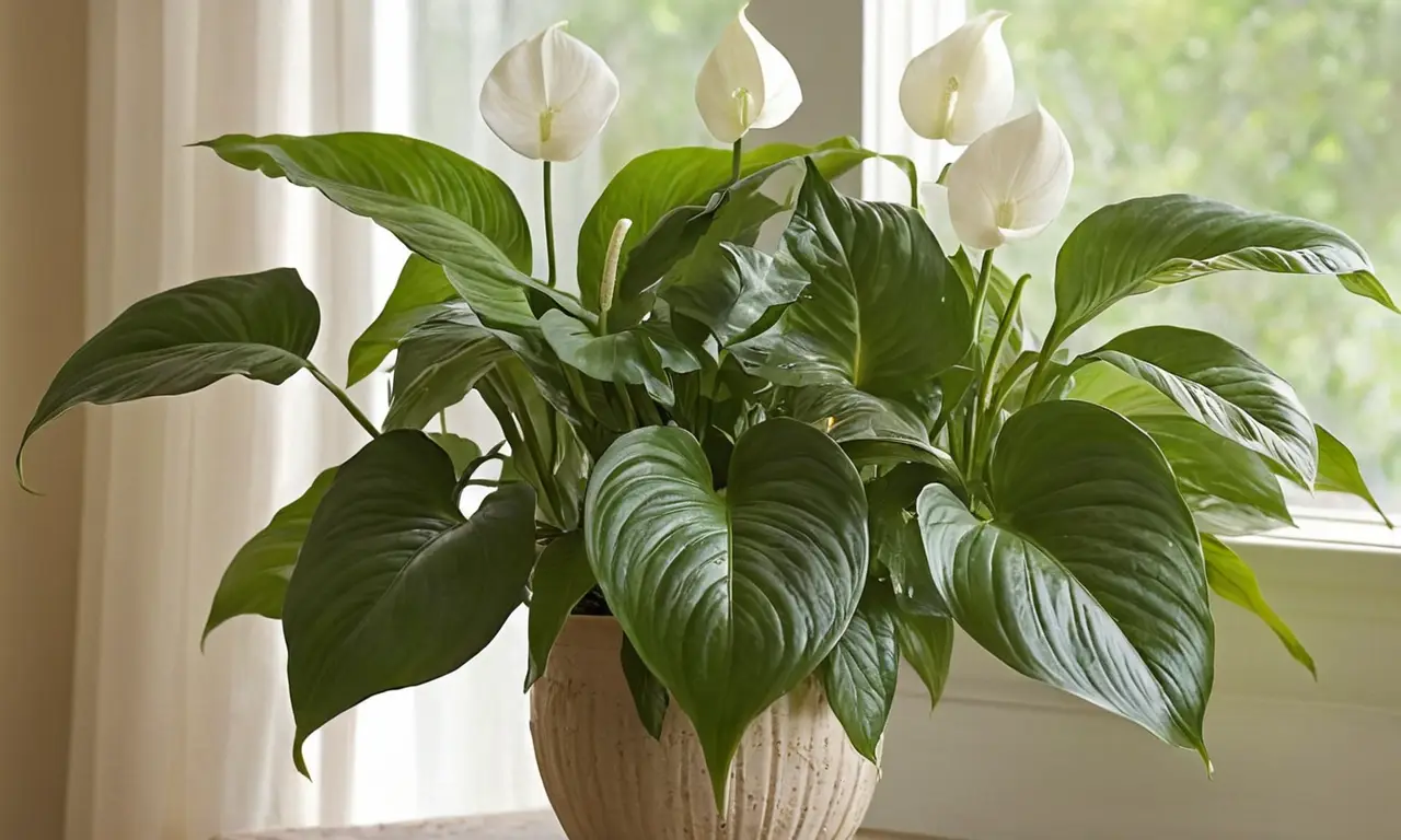 Spathiphyllum elegante con hojas brillantes y flores