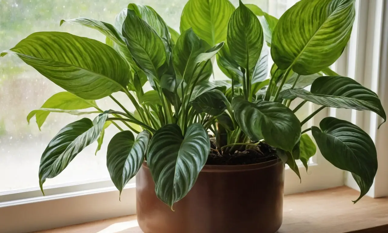Hojas de Spathiphyllum brillantes en luz suave