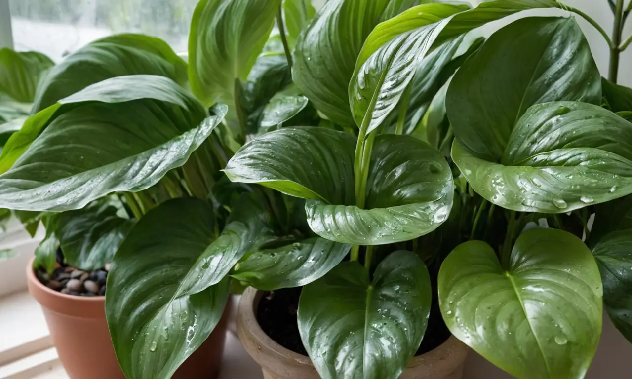 Close-up de planta Spathiphyllum en luz suave