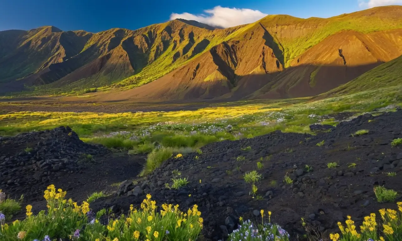 Paisaje diverso de montañas, flora y lava