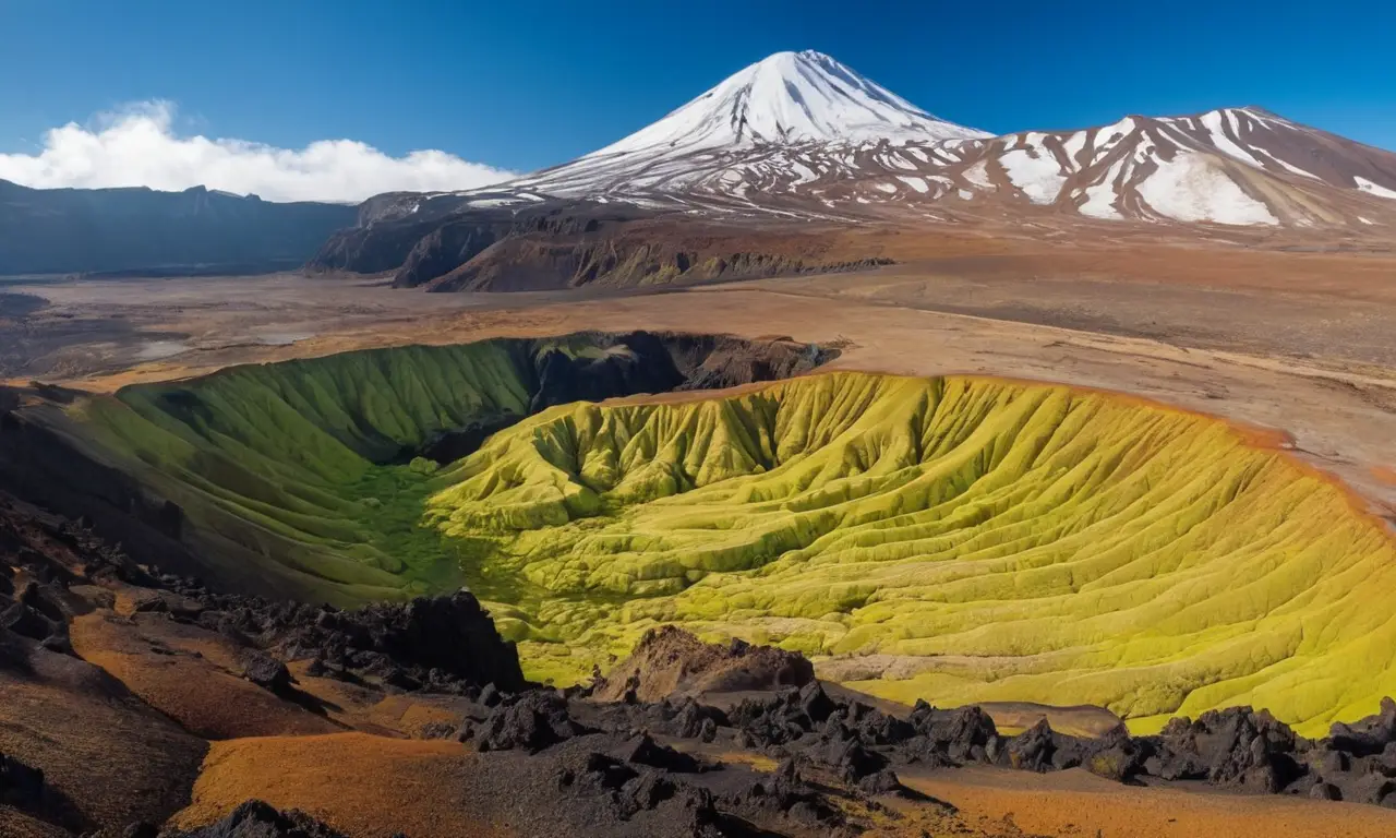 Paisaje volcánico con montañas, colinas y vapor