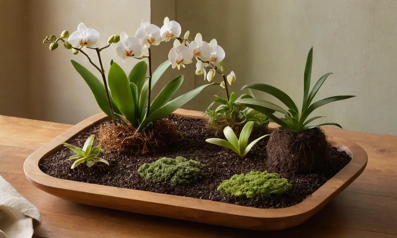 Mesa de trabajo bien organizada para orquídeas