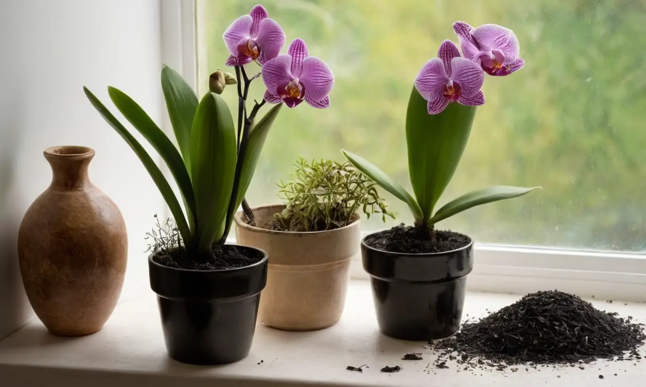 Área de trabajo con materiales para orquídeas