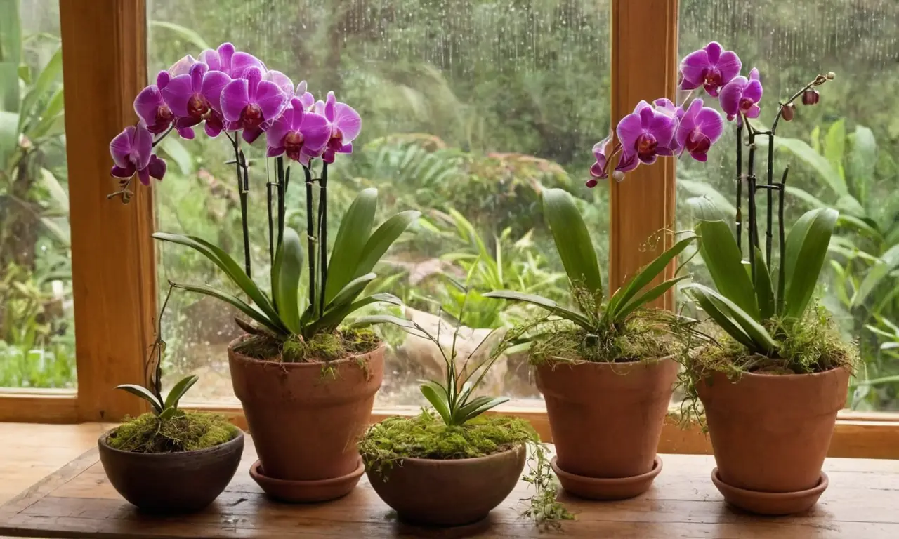 Mesa de madera con orquídeas y macetas