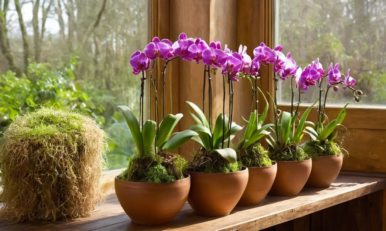 Orquídeas vibrantes en macetas de plástico
