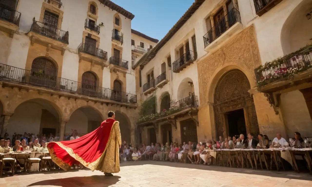 Plaza española vibrante, toro y matador en acción