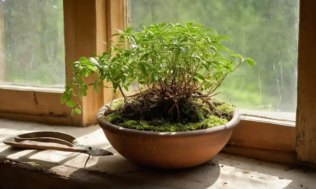 Mesa rústica con kokedama y luz suave