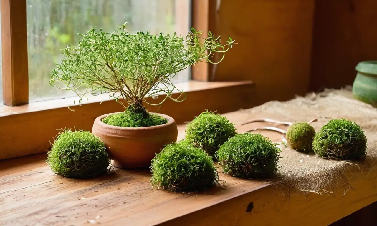 Mesa de madera con materiales de jardinería