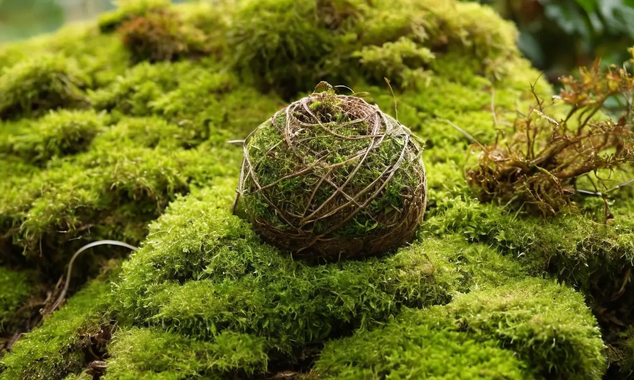 Kokedama envuelta en musgo y luz suave