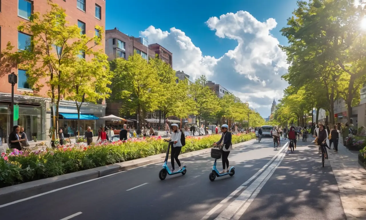 Ciudad vibrante y sostenible con transporte ecológico