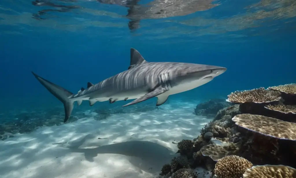 Tenso y sereno paisaje oceánico con tiburón