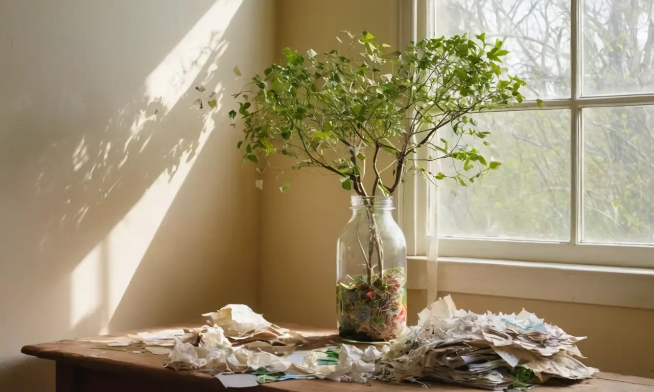 Habitación iluminada con papeles reciclables y plantas