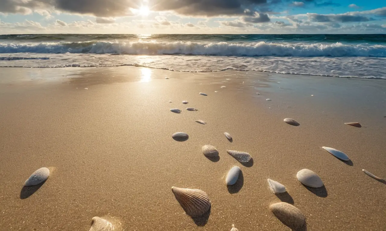 Playa soleada, mar sereno y fragmentos de cristal