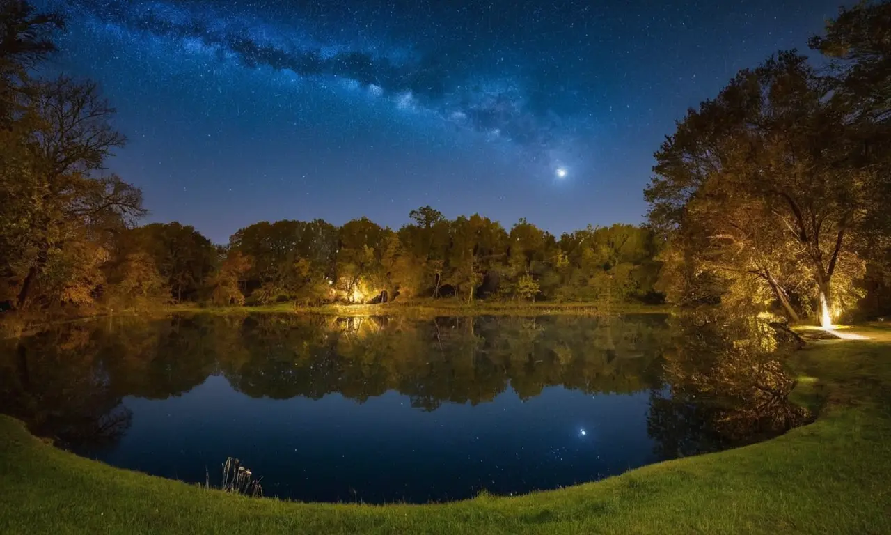 Noche estrellada con luna y ciudad distante