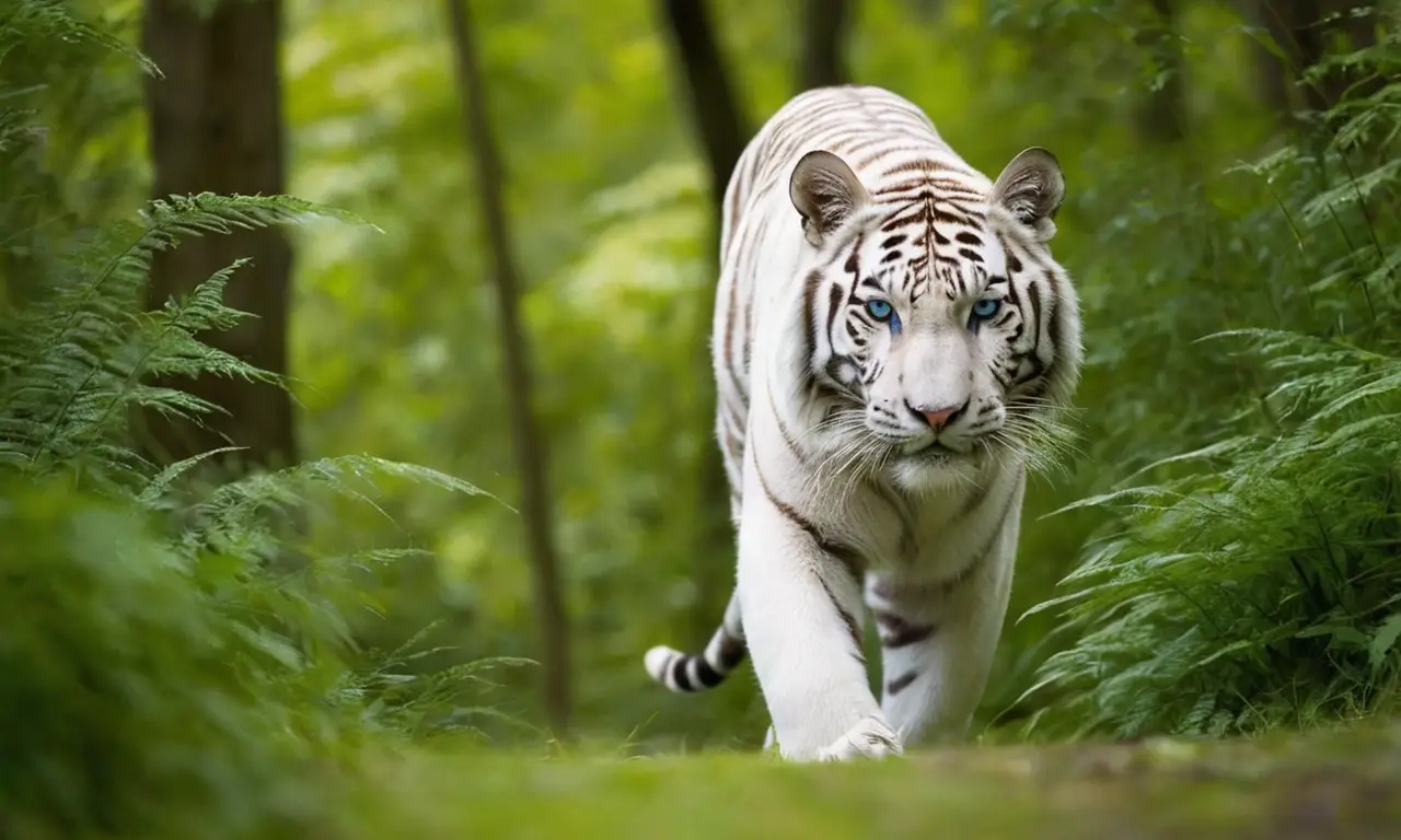 Un tigre blanco acecha en un bosque