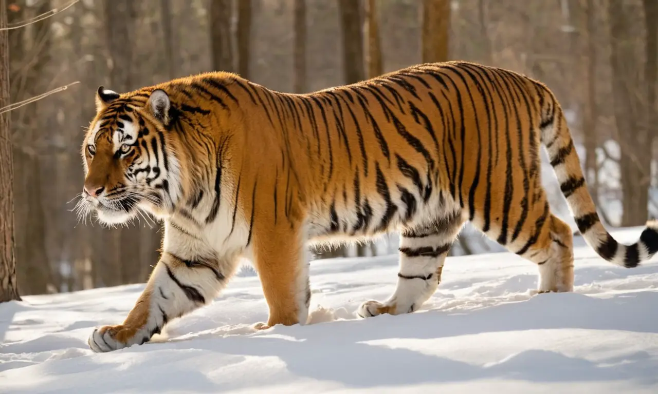 Tigre siberiano majestuosamente acechando en la nieve